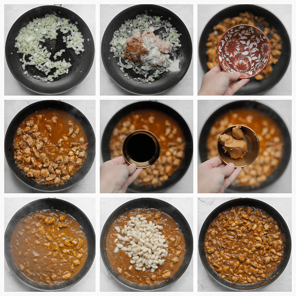 Groenten, kip bakken en koken met bonen in saus