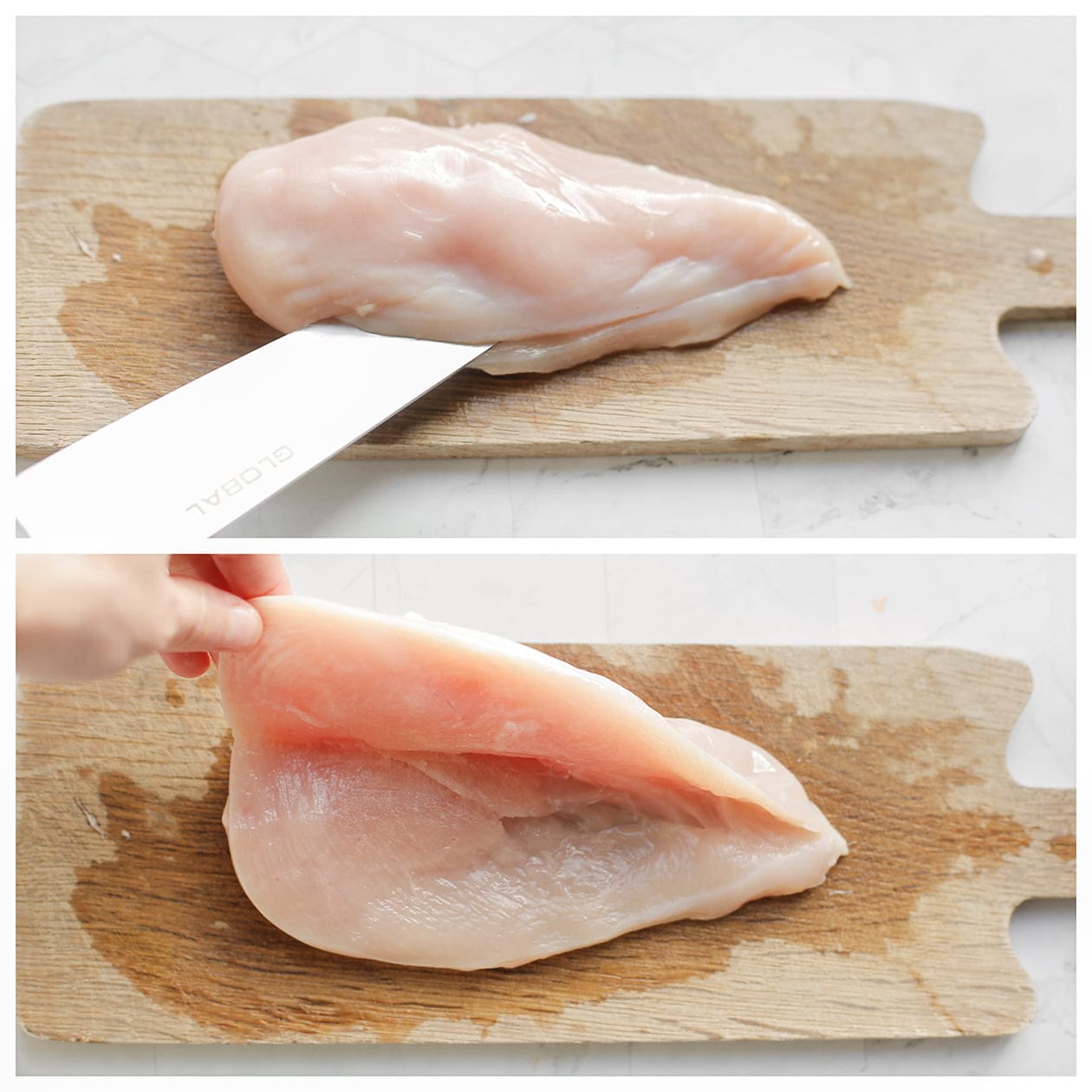 Kipfilet doormidden snijden