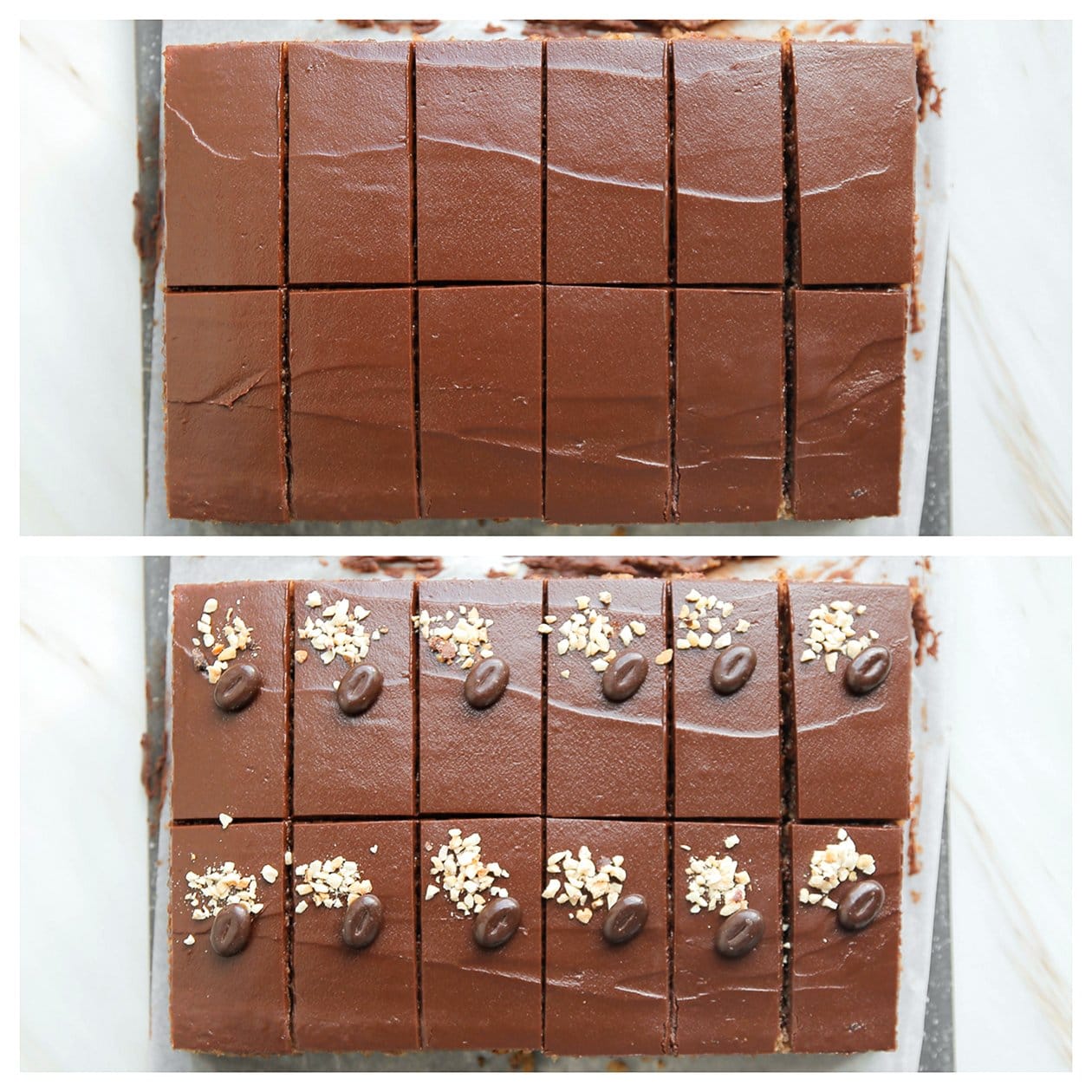 Koffiecake aansnijden en garneren met mokkaboontjes en gehakte walnoten