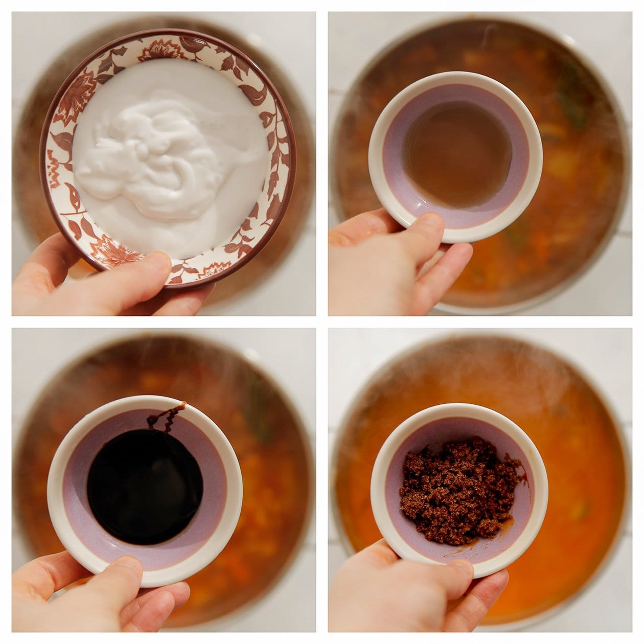 Kokosmelk, vissaus, ketjap manis en bastersuiker toevoegen