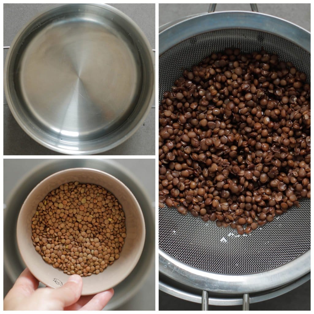 Breng een pan met water aan de kook. Voeg de linzen toe en kook 35-40 minuten of tot ze gaar zijn. Laat het water uitlekken en spoel af met koud water.