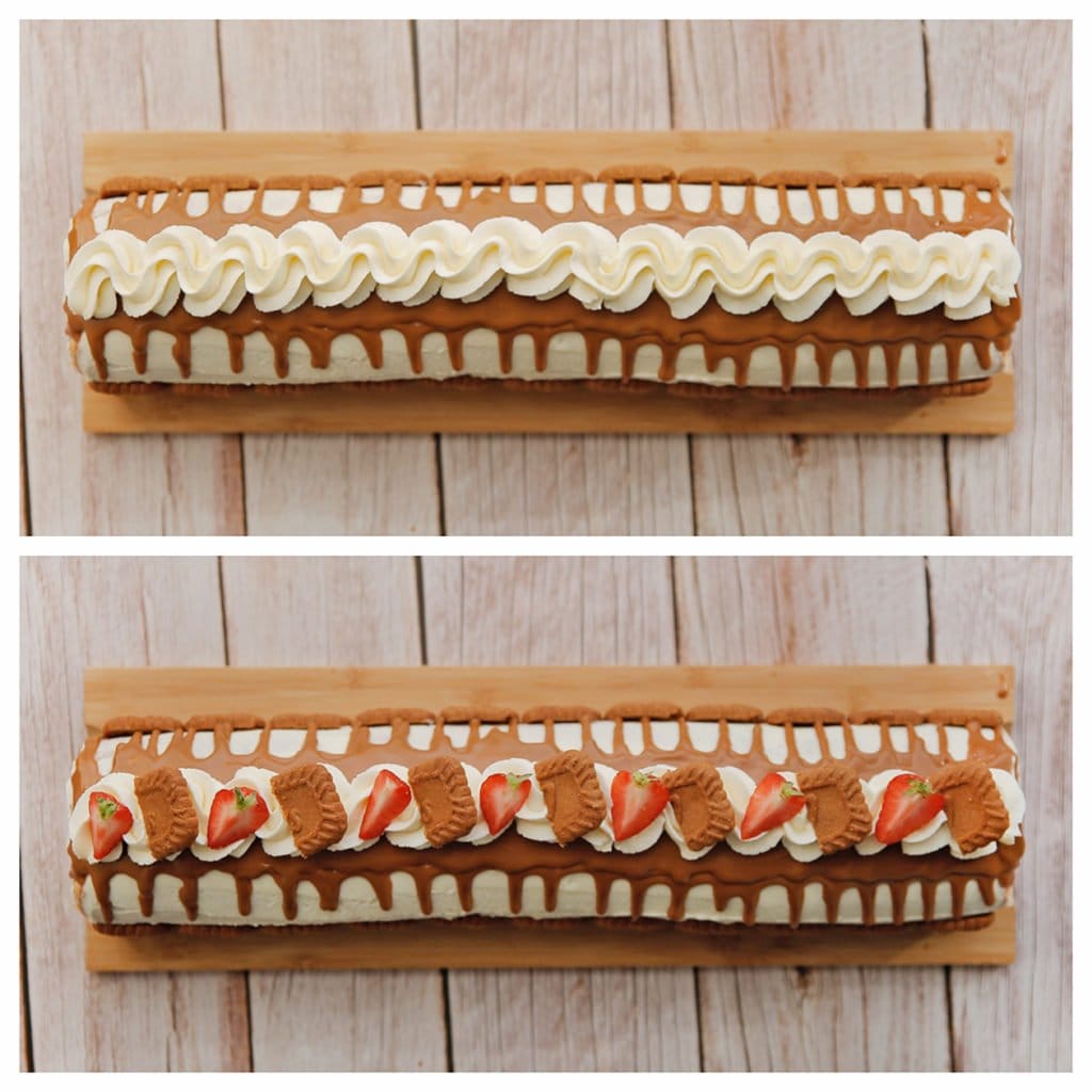 Spuit er een toefje room op en garneer met Speculooskoek en stukjes aardbeien.