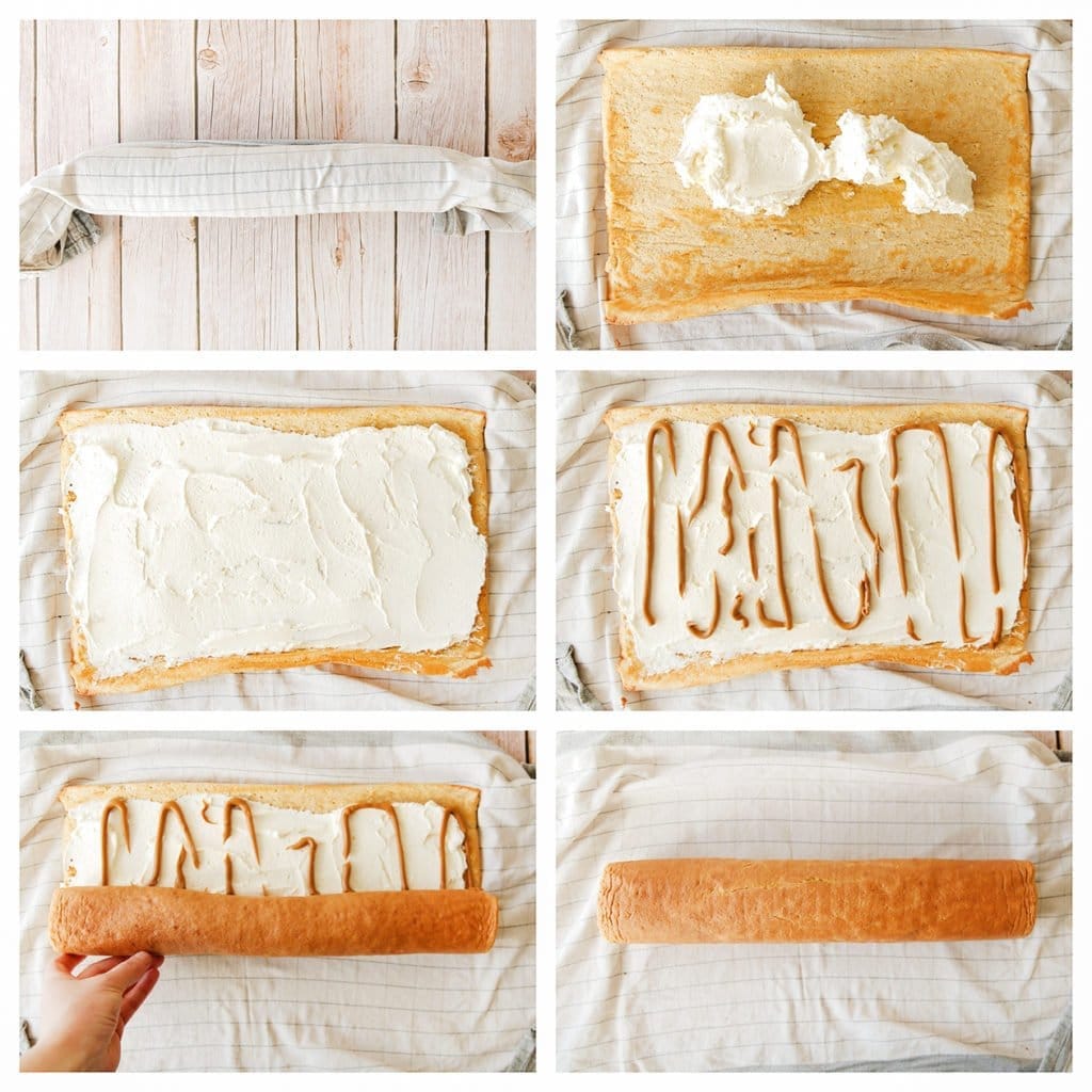 Haal de rolcake uit de koelkast en rol deze uit op je werkplek. Smeer er een laagje room op en spuit er wat speculoospasta op (100 g). Rol de cake weer in.