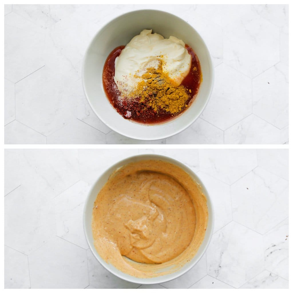 Doe de mayonaise, chilisaus, currypoeder, zwarte peper, uienpoeder, paprikapoeder, honing in een kom en meng samen. Voeg zout toe naar smaak.