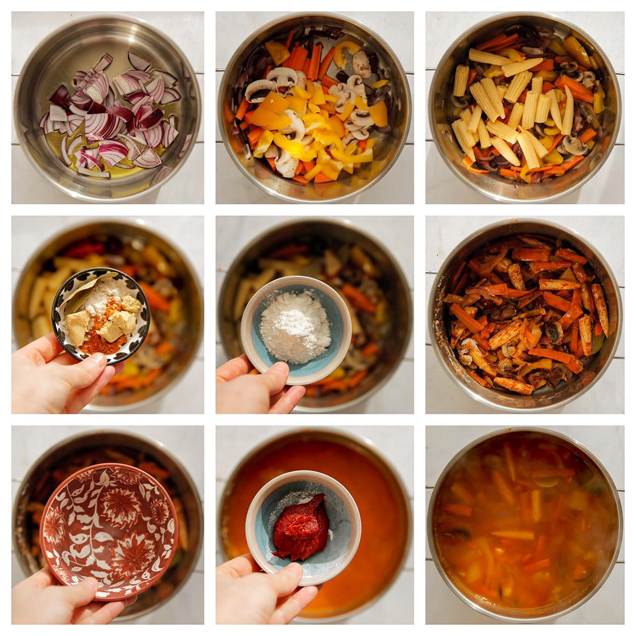 Soepgroenten bakken en koken in een pan