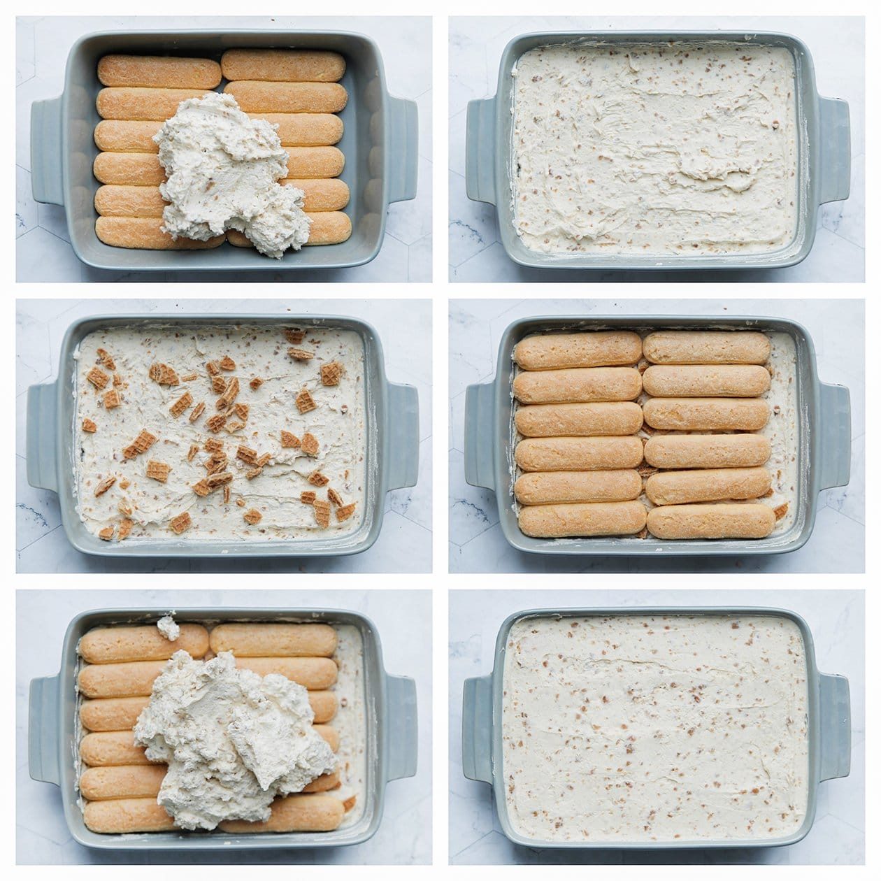 Stroopwafelmengsel verdelen over een ovenschaal met lange vingers