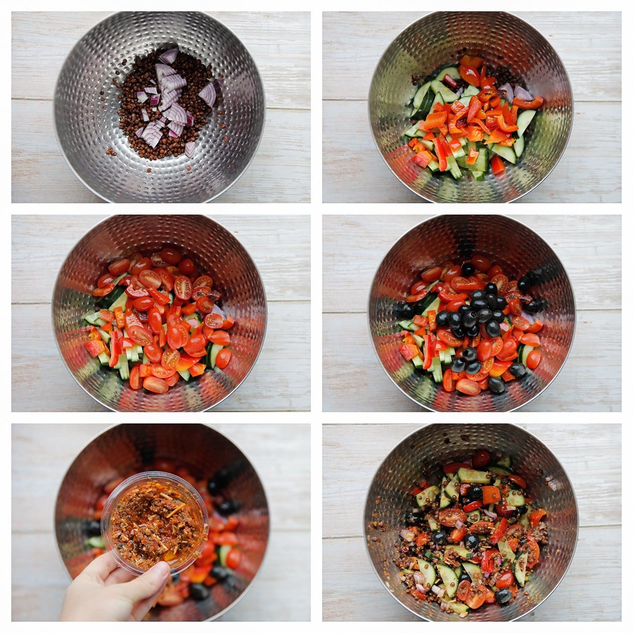 Voorgekookte groene linzen, groenten en tapenade in een diepe kom mengen