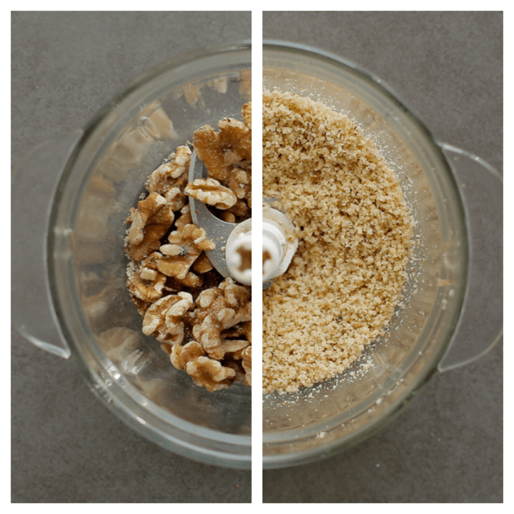 Doe de walnoten in een hakmolen. Maal fijn.