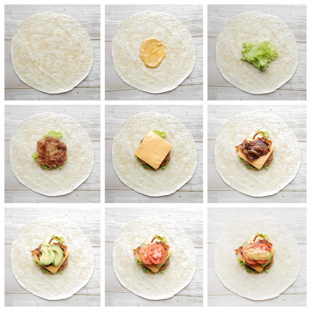 Neem een grote wrap en werk met deze volgorde:
- Saus
- Sla
- Burger
- Kaas
- Gekarameliseerde ui
- Avocado 
- Tomaat
- Saus
