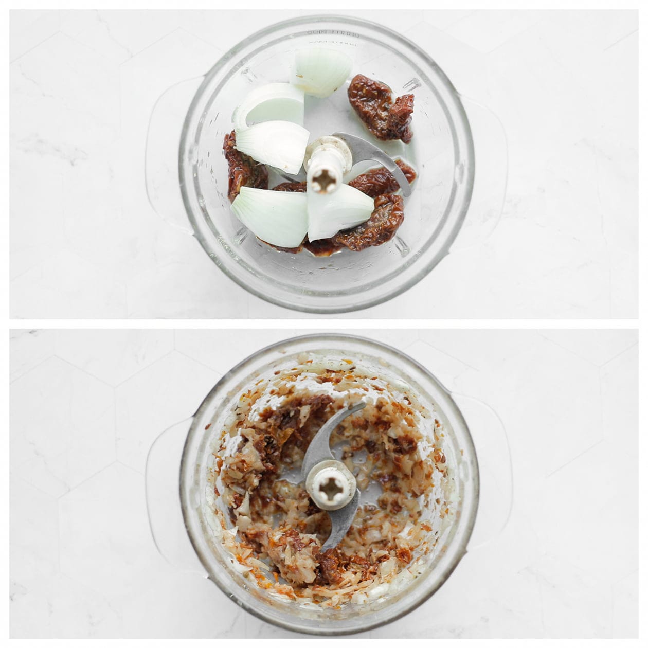 Zongedroogde tomaat mixen met gele ui in een hakmolen