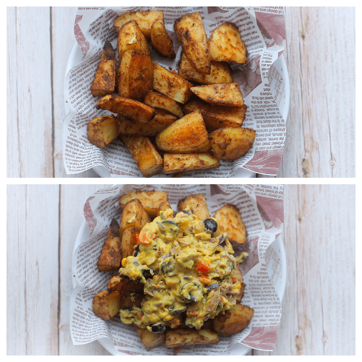 Aardappels verdelen over een bord met daarop het tonijnmengsel kopiëren