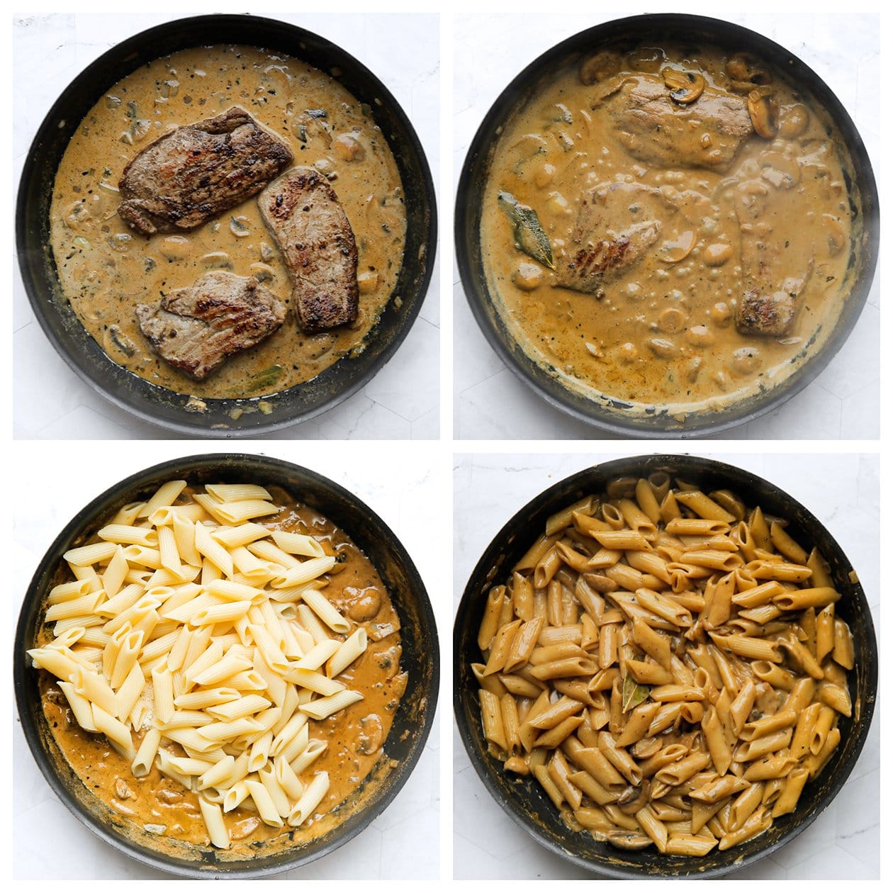 Biefstuk in saus koken en dan de pasta toevoegen mengen