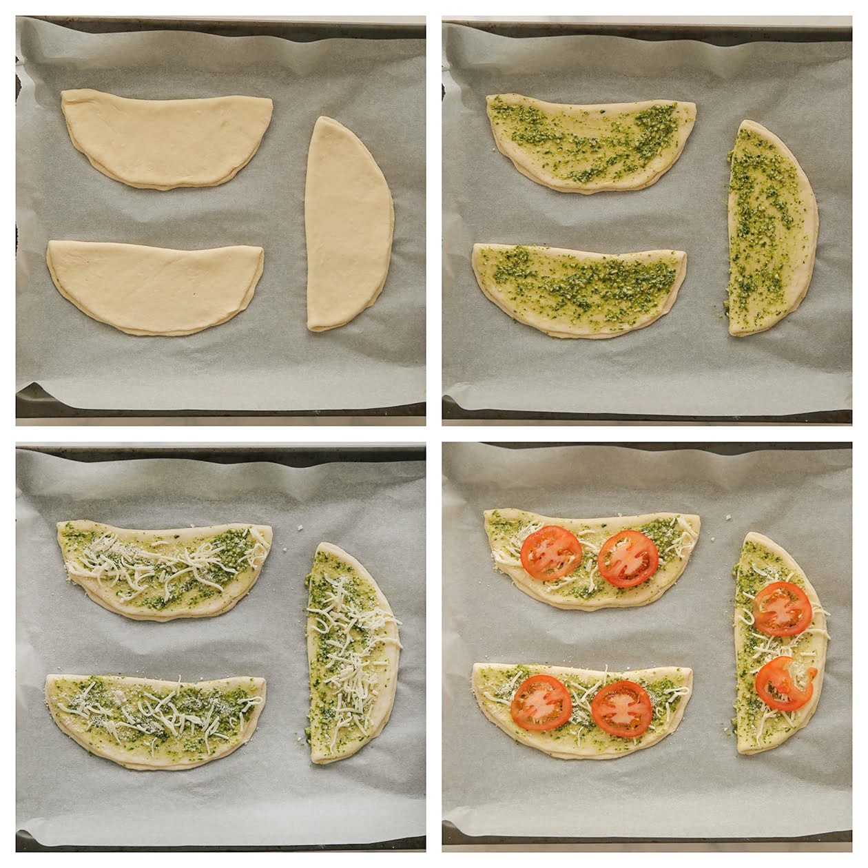 Broodjes garneren met groene pesto, kaas en tomaat