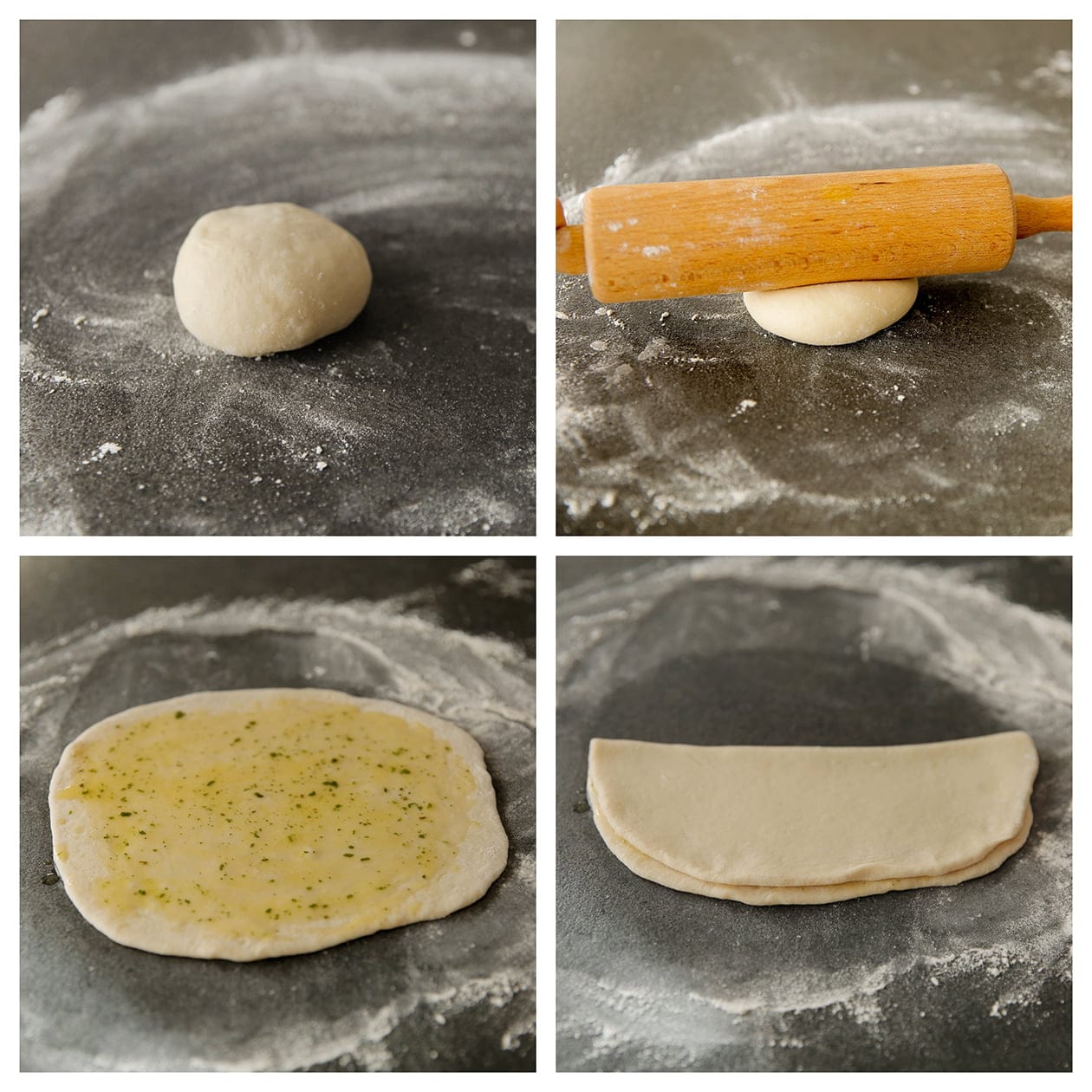 Deeg uitrollen, kruidenboter op smeren en dichtvouwen