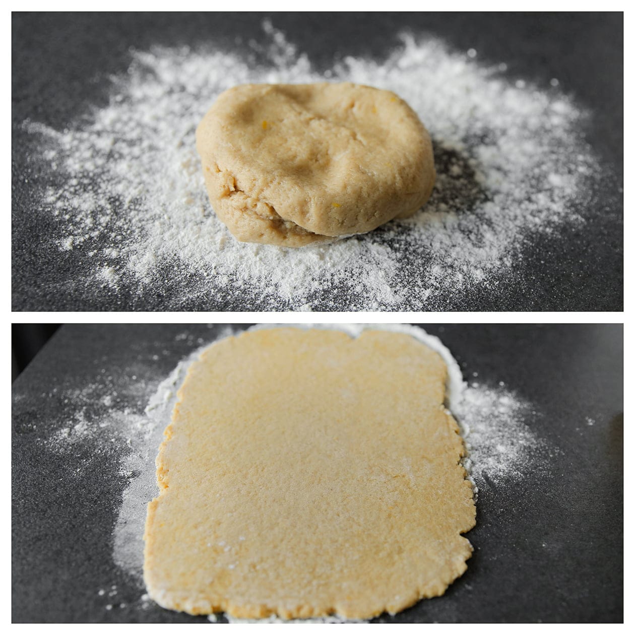 Deeg voor de oranjekoeken uitrollen tot een rechthoekige lap