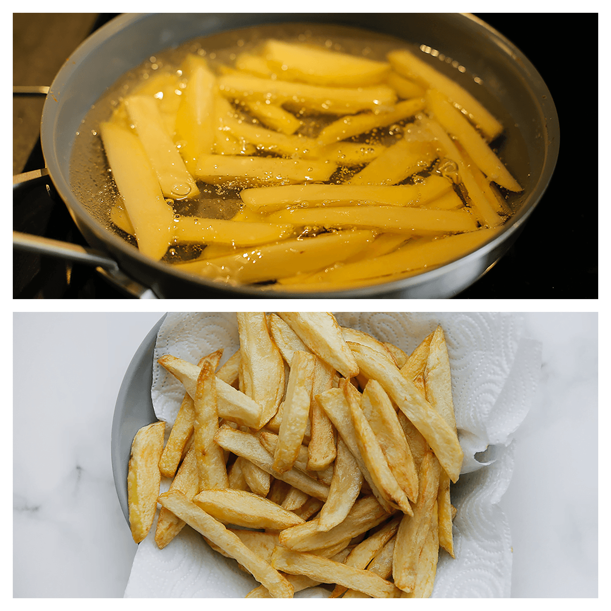 Friet gaar bakken en uit laten lekken op keukenpapier