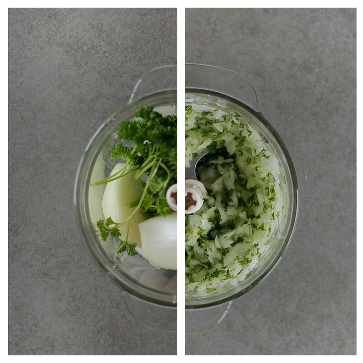 Gele ui en peterselie mixen in hakmolen