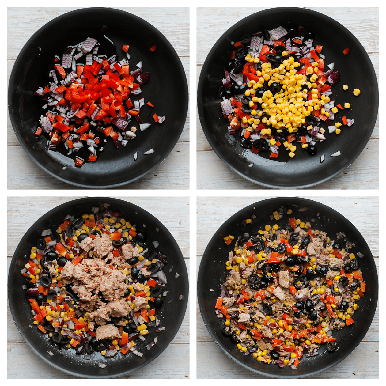 Groenten bakken en mengen met tonijn