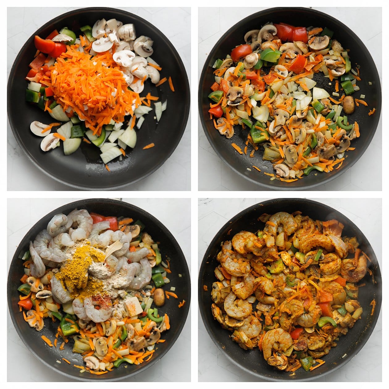 Groenten voorbakken en mengen met kruiden, garnalen in een koekenpan