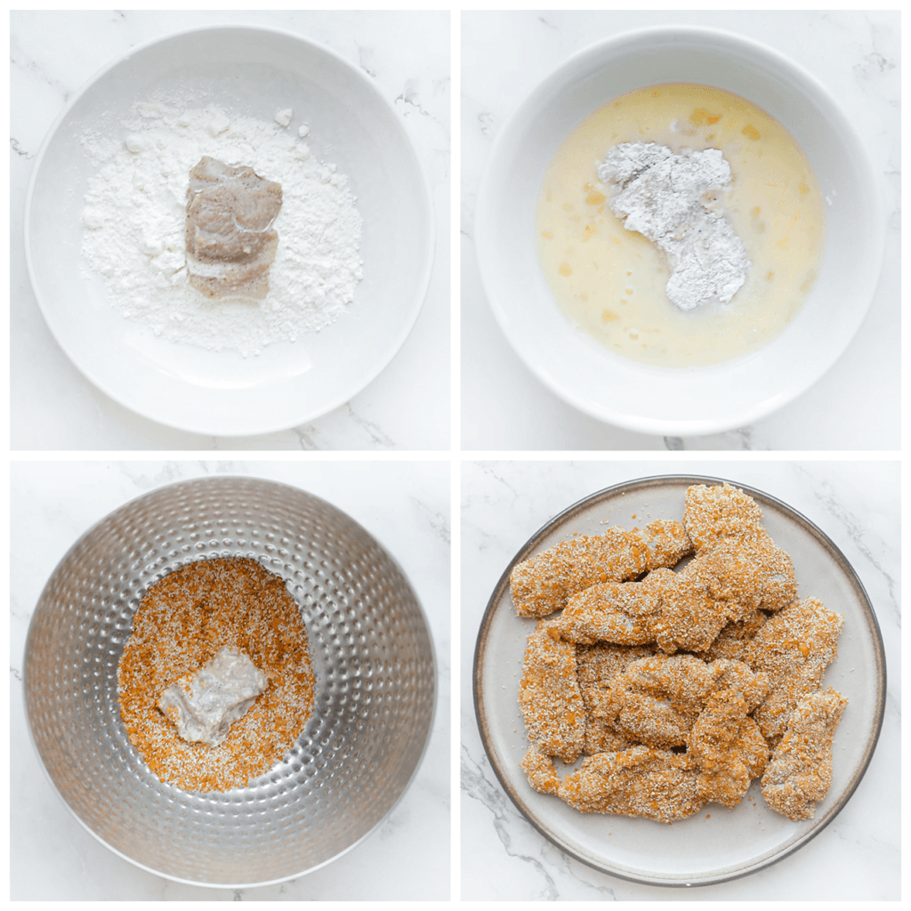 Haal de kip achtereenvolgens door de bloem, het ei en Parmezaanmengsel.