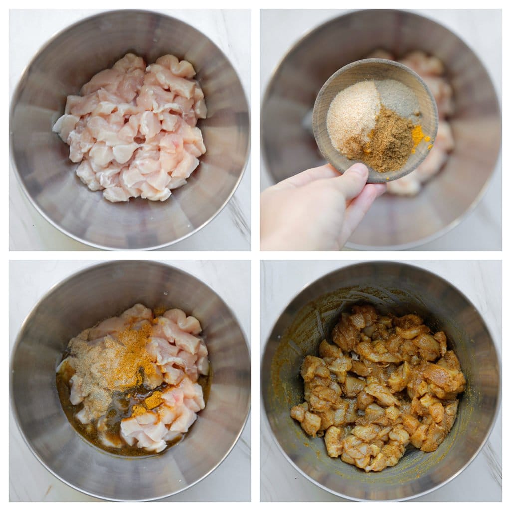 Snijd de kip klein en doe in een kom. Voeg het zout, de ras el hanout, kurkuma, knoflookpoeder, zwarte peper, komijn en olijfolie toe. Meng goed.