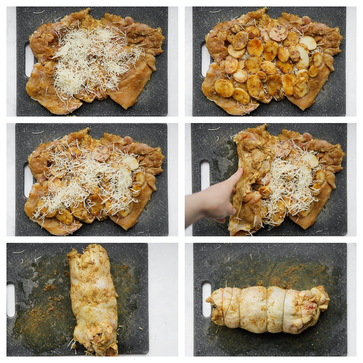 Kip vullen met geraspte kaas, aardappelschijfjes en dichtrollen