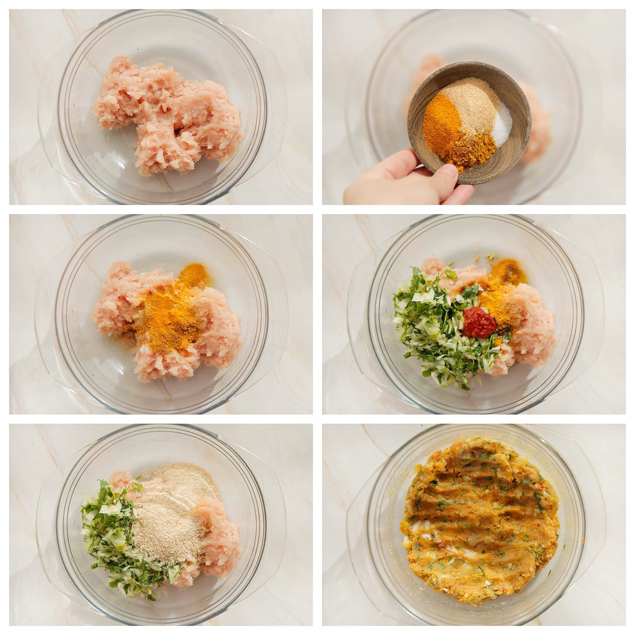 Kipgehakt mengen met kruiden, groenten en paneermeel