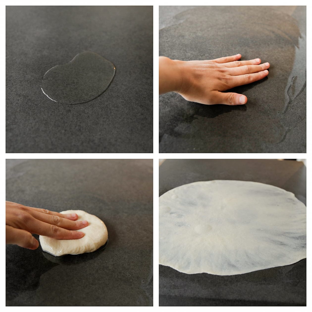 Msmen deeg tot een grote ronde lap vormen