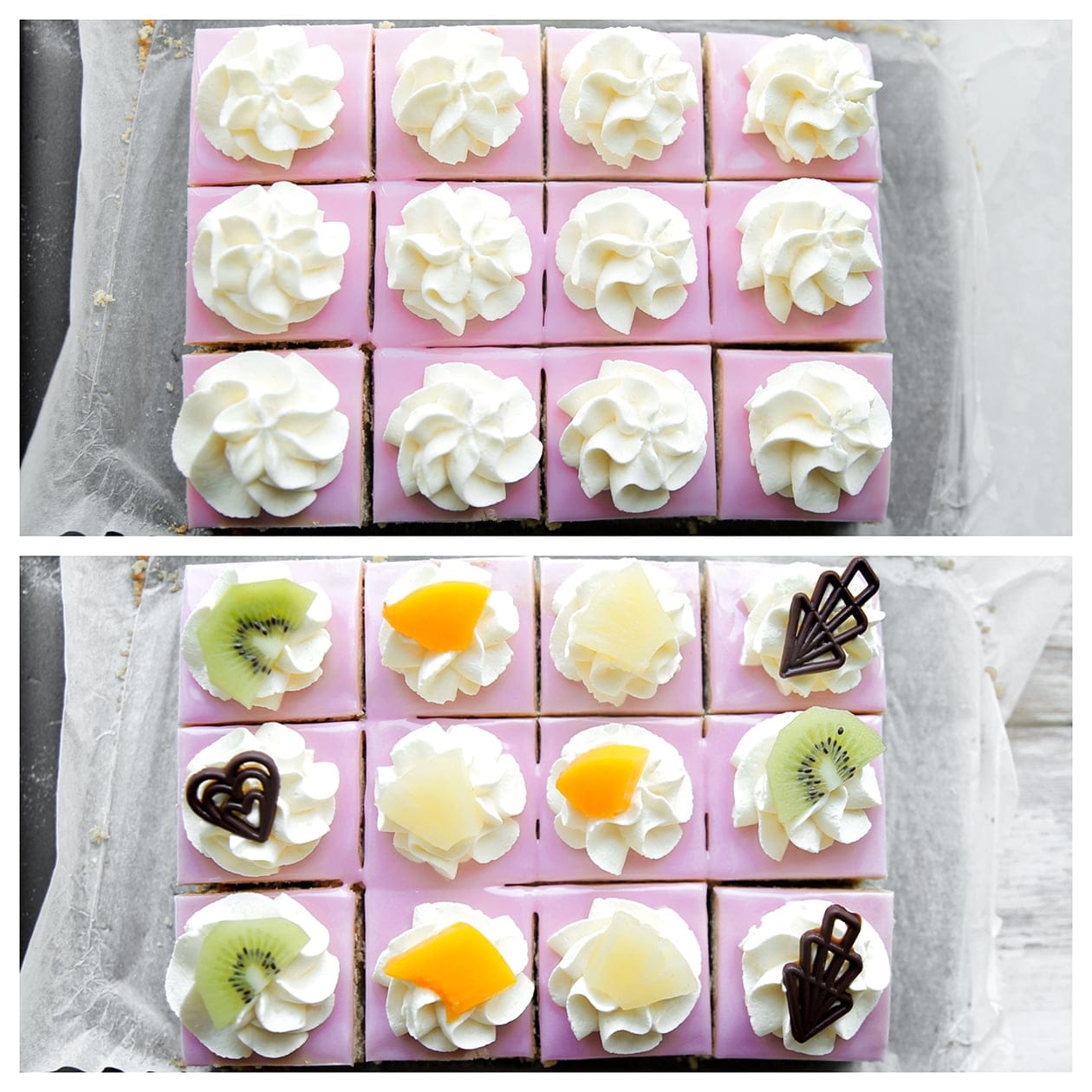 Oranjekoek garneren met slagroom, fruit en chocolade