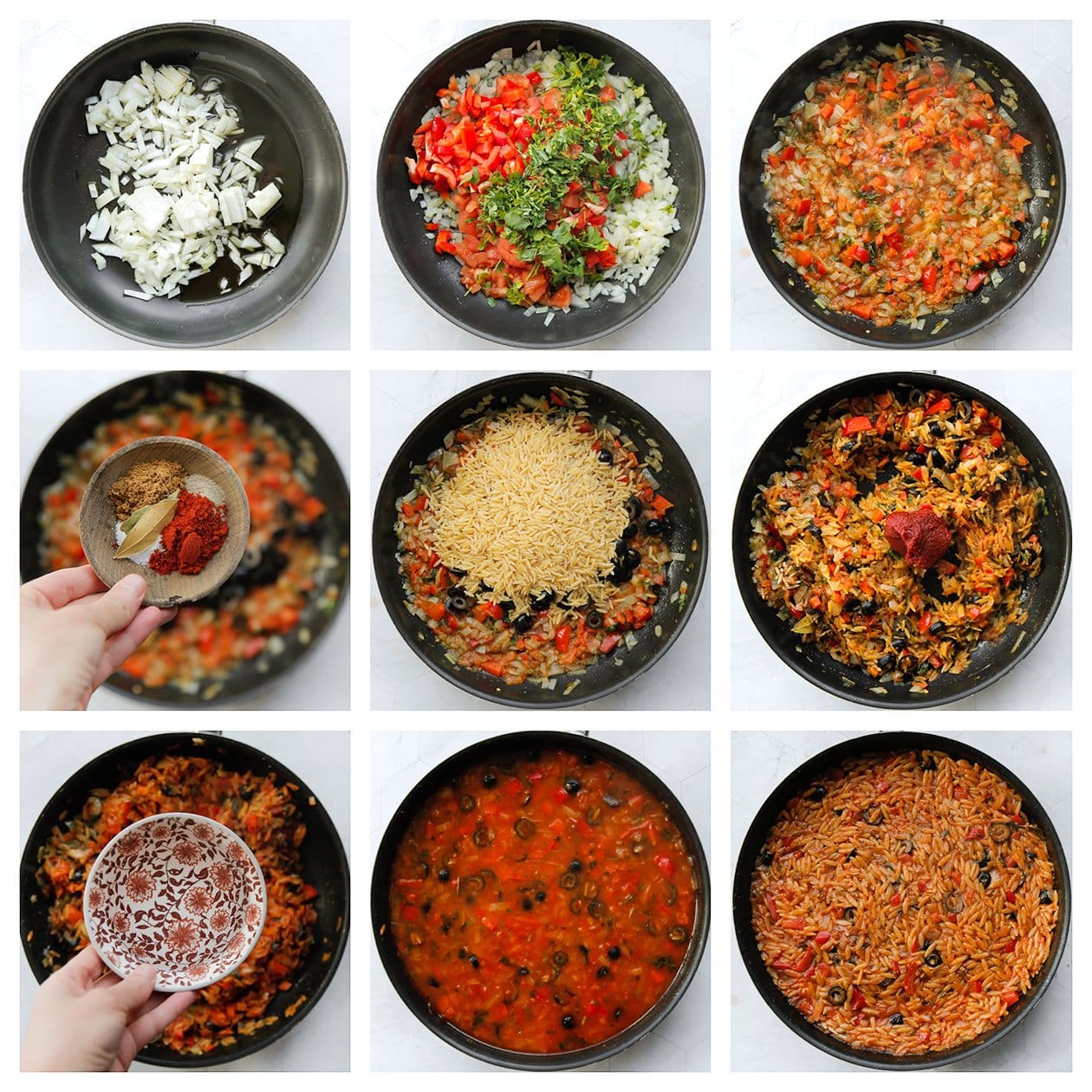 Orzo gaar koken met groenten en water in een koekenpan