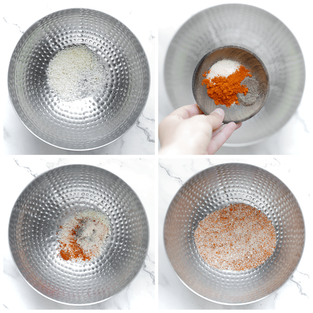 Doe de fijne Parmezaanse kaas, knoflookpoeder, paprikapoeder, uienpoeder, zwarte peper en broodkruimels in een diepe kom. Meng goed.