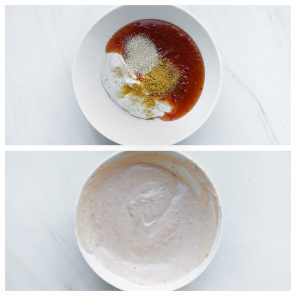 Doe de mayonaise, chilisaus, sambal, knoflookpoeder en ras el hanout in een kom. Meng goed.