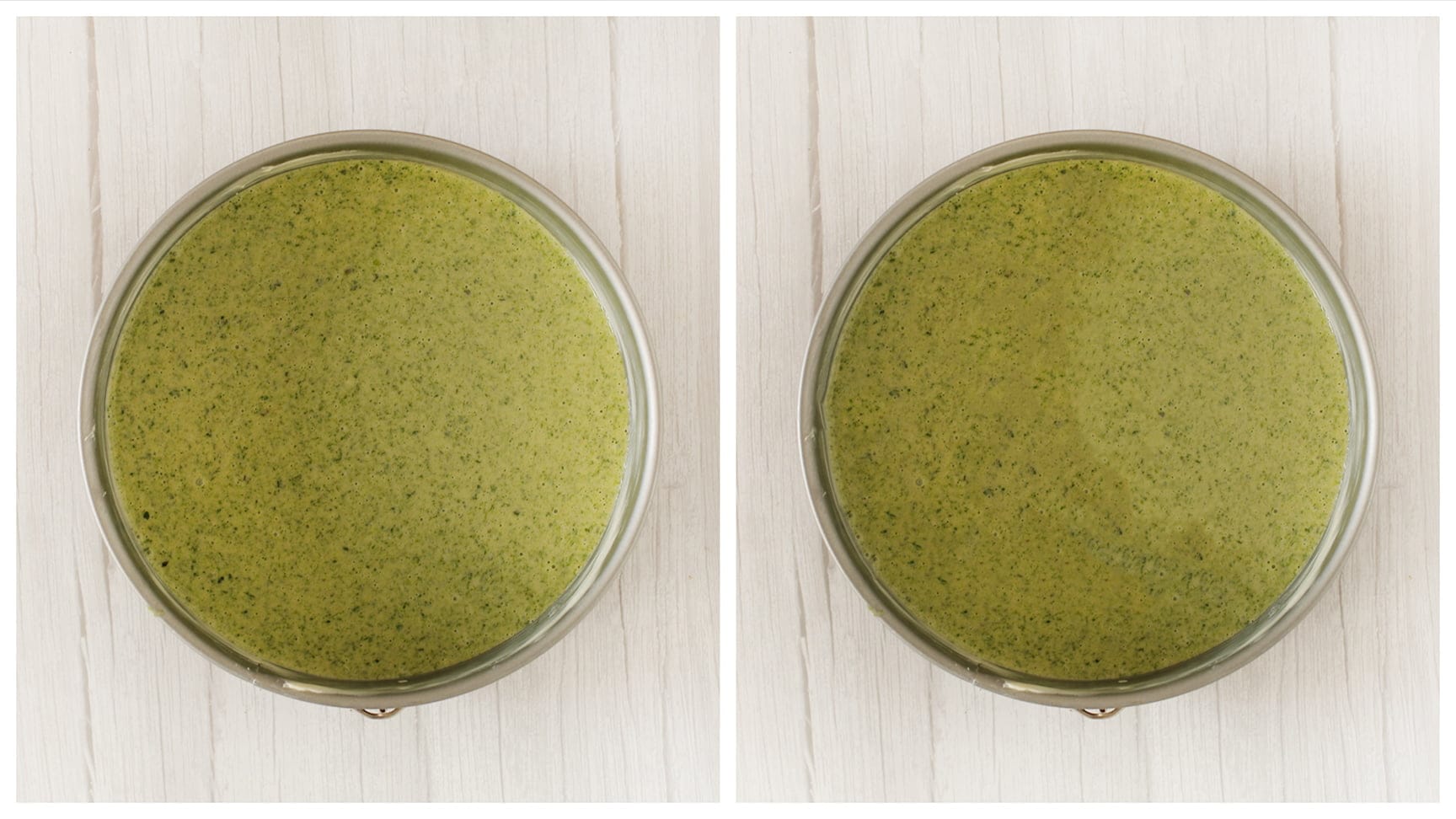 Spinazie-cakebeslag verdelen over twee bakvormen