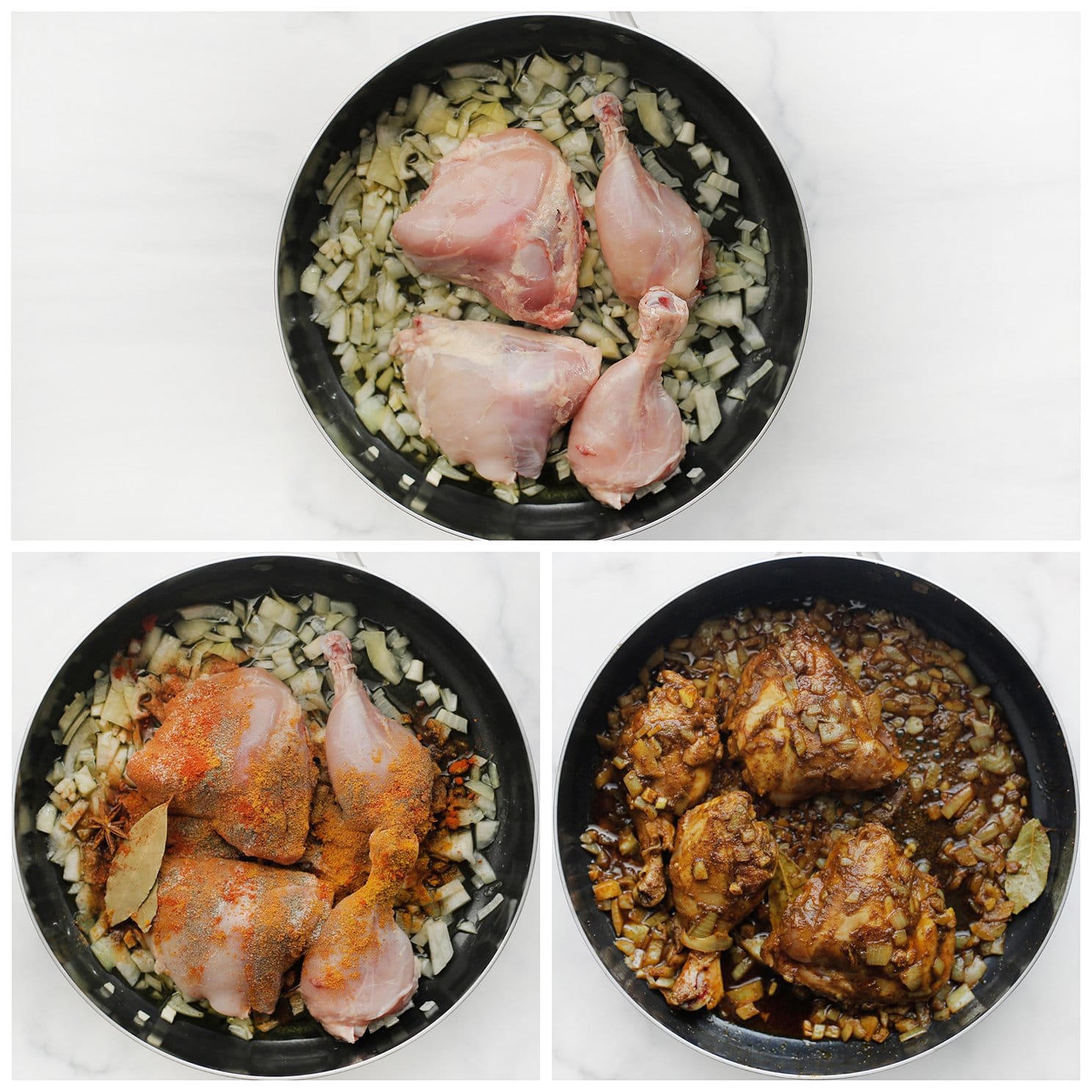 Kip en kruiden toevoegen en bakken