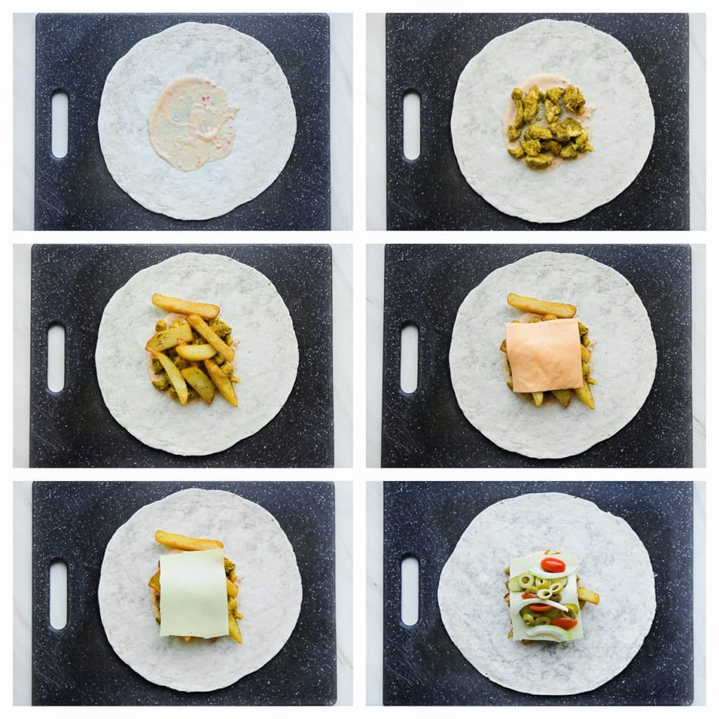 Verdeel wat saus over een wrap met daarop de kip, friet, kaas, olijven, tomaat, augurk en ui. Je kunt er nog extra saus op doen. Vouw de wrap dicht.