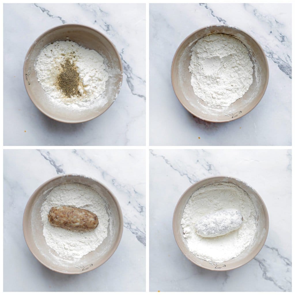 Doe de bloem, uienpoeder, knoflookpoeder en zwarte peper in een kom. Meng goed. Haal de linzenkroketten door het bloemmengsel.