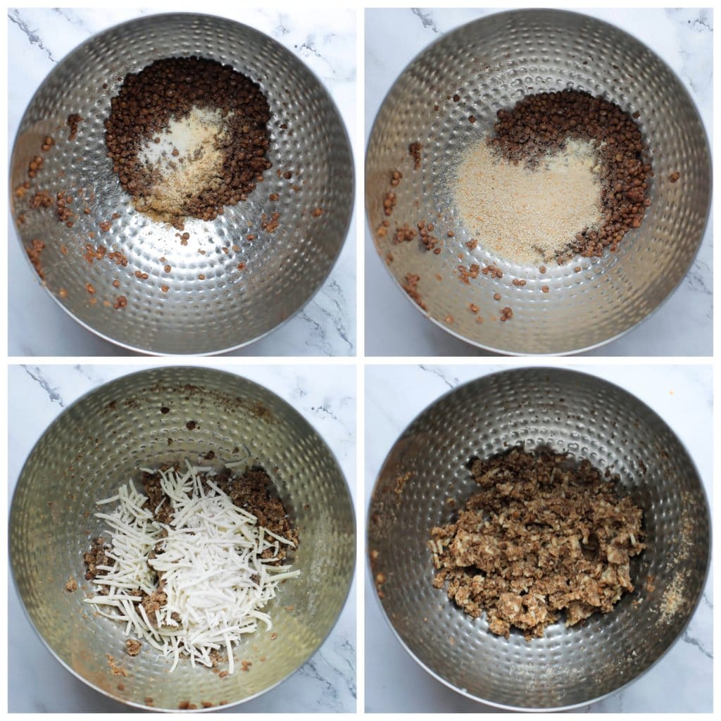 Doe de linzen in een kom. Voeg het paneermeel, zout, de zwarte peper, uienpoeder, knoflookpoeder en geraspte mozzarella toe. Kneed goed.