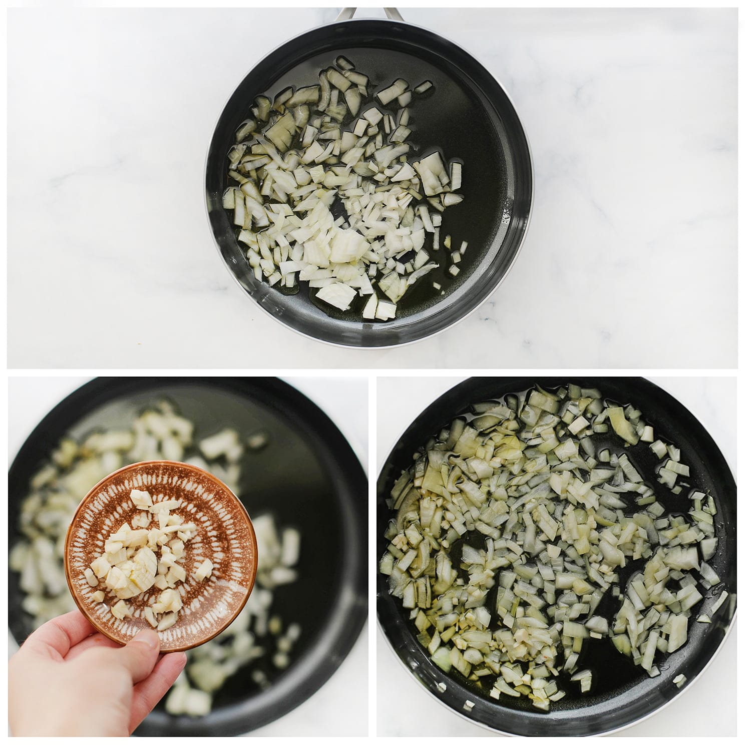 Ui en knoflook bakken in een koekenpan