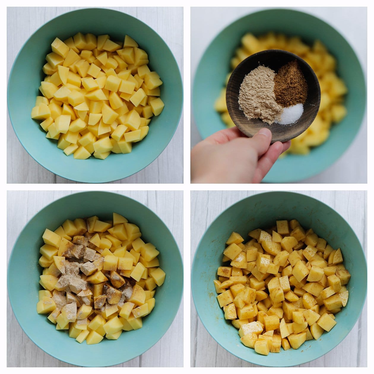 Aardappelblokjes mengen met verse kruiden en olie tot een geheel