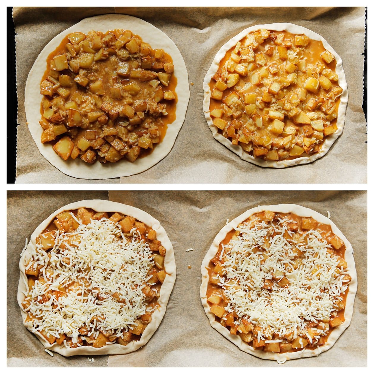 Aardappelmengsel verdelen over het deeg en afmaken met geraspte mozzarella