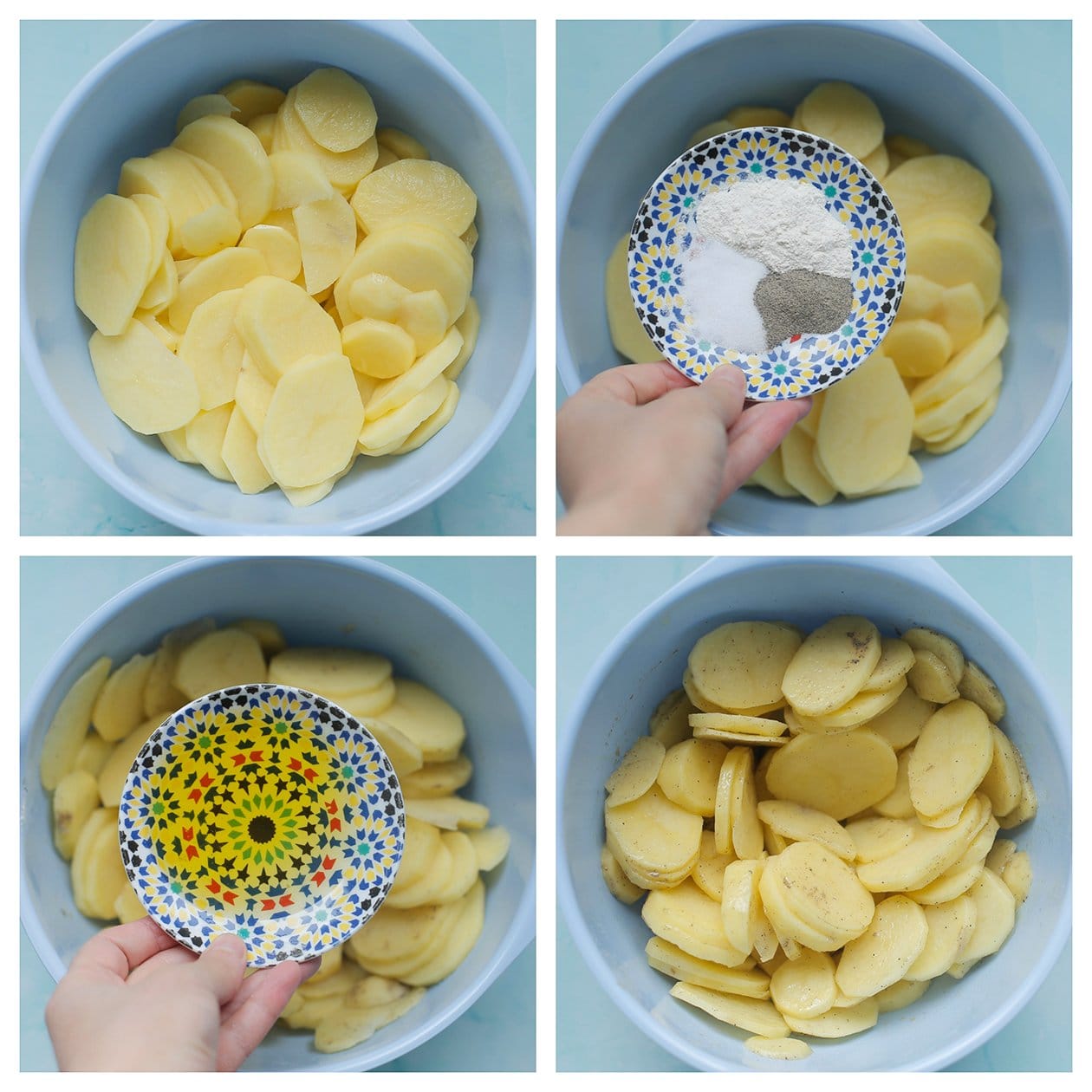 Aardappelschijfjes mengen met verse kruiden en olijfolie