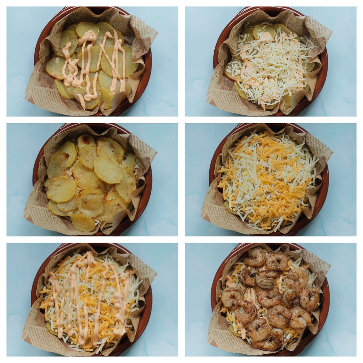 Aardappelschotel vullen met kaas, saus en garnalen