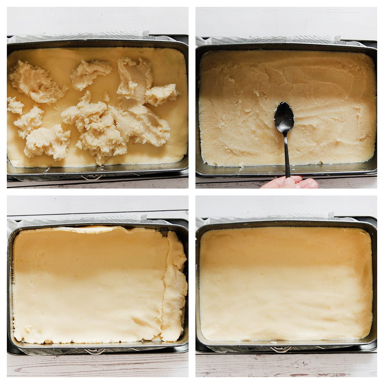 Amandelspijsmengsel verdelen over het koekjesdeeg