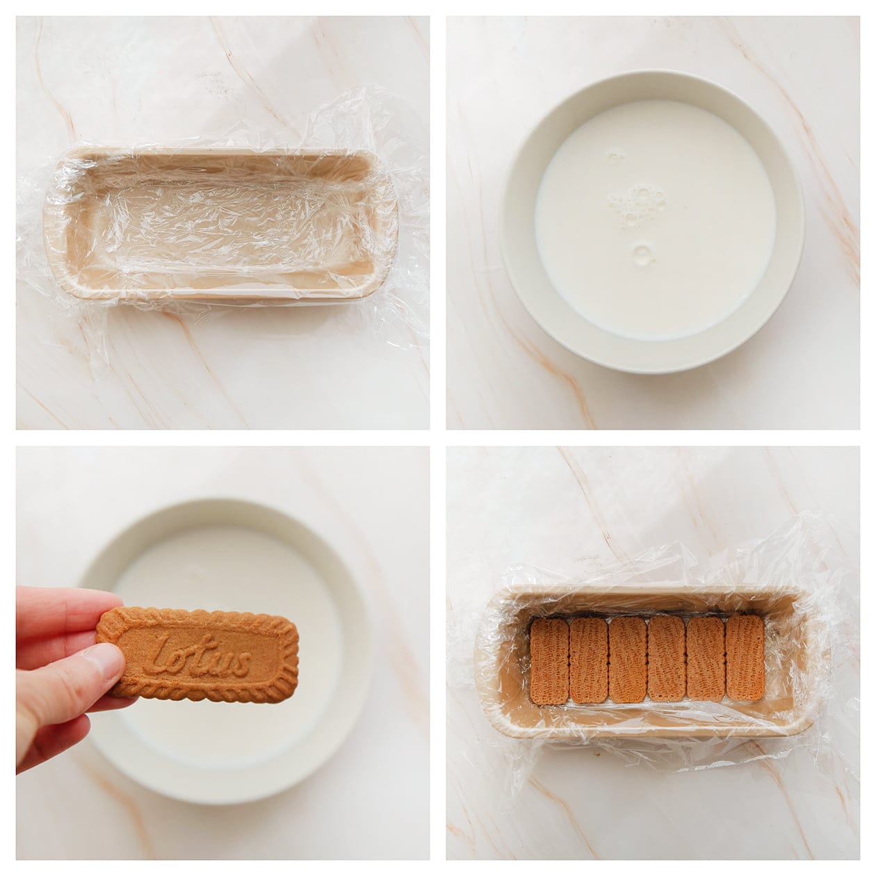 Bakvorm met huishoudfolie bedeken en lotuskoek door de melk halen