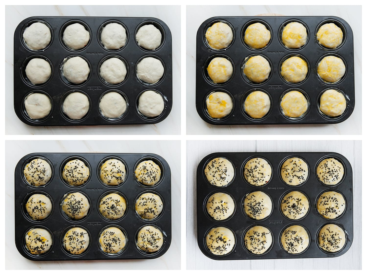 Broodjes gevuld met kip garneren met eigeel en sesamzaad