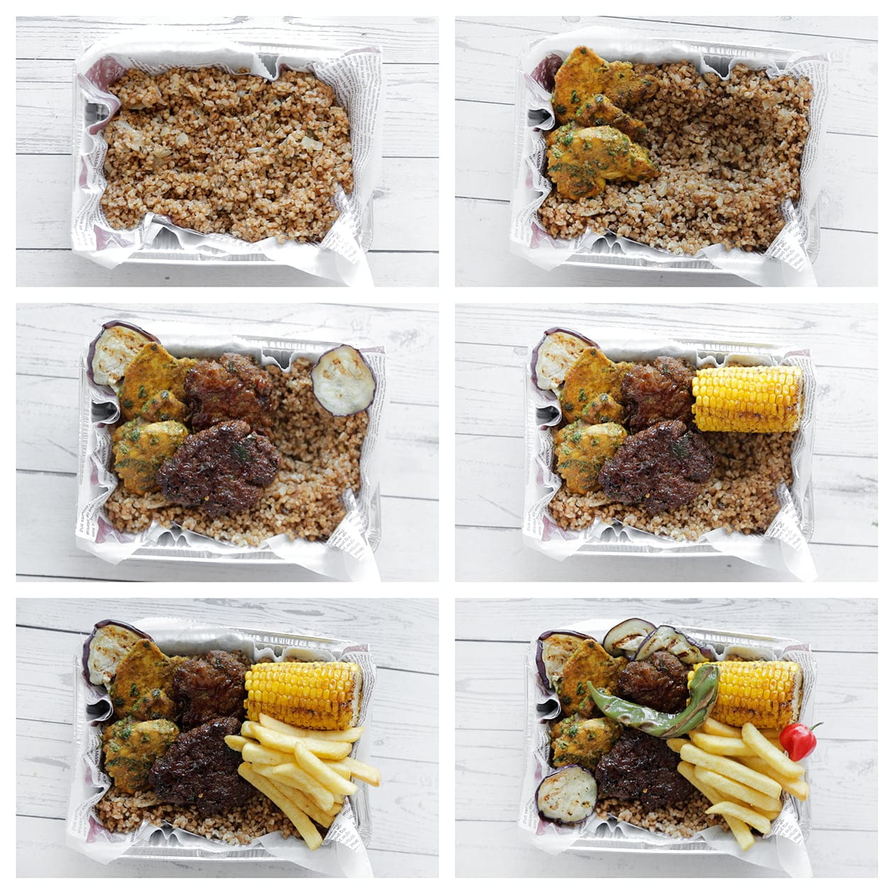 Bulgur, kip, gehakt, maiskolf, friet en een hete peper verdelen over een schaal