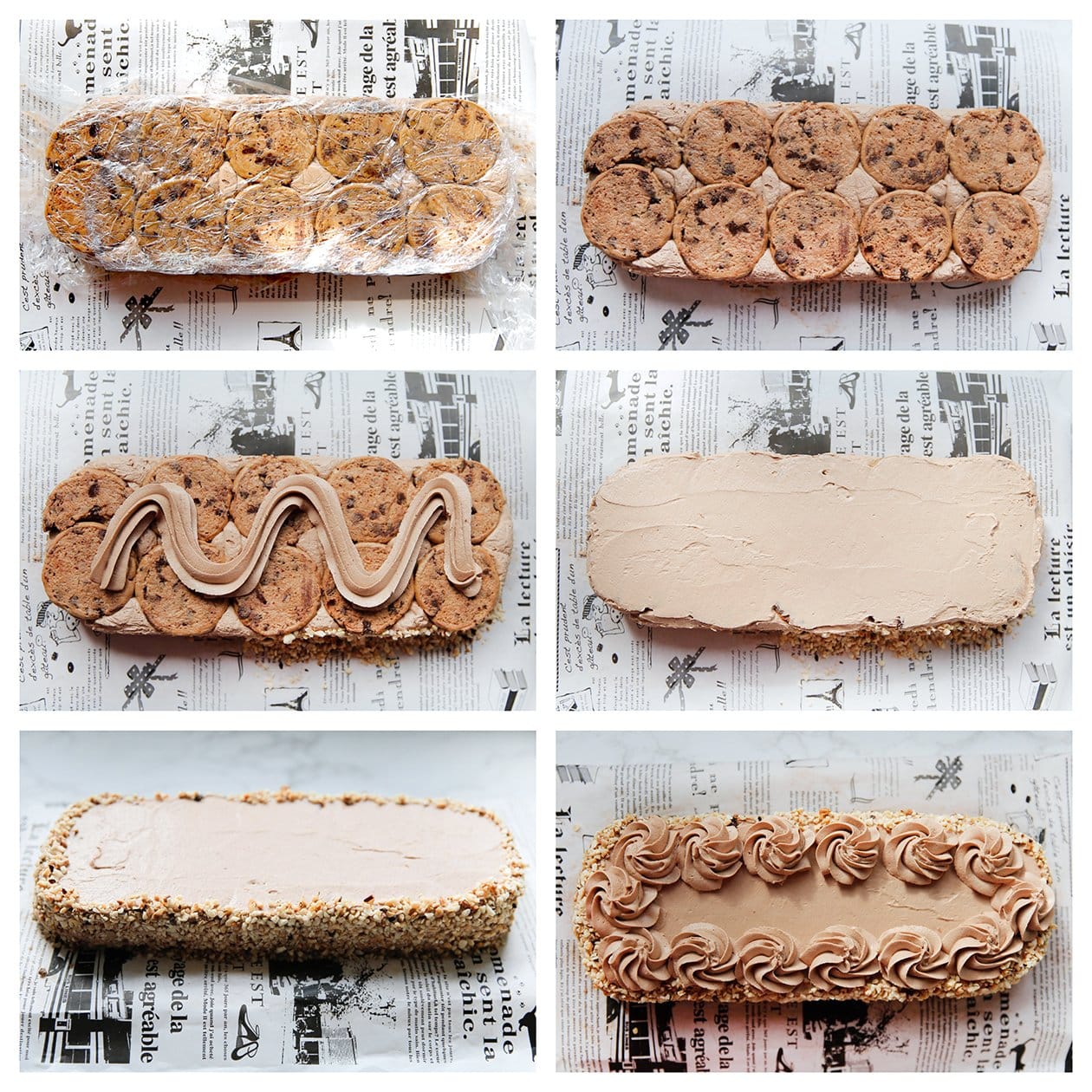 Chocolate chip dessert decoreren met room en fijngehakte hazelnoten