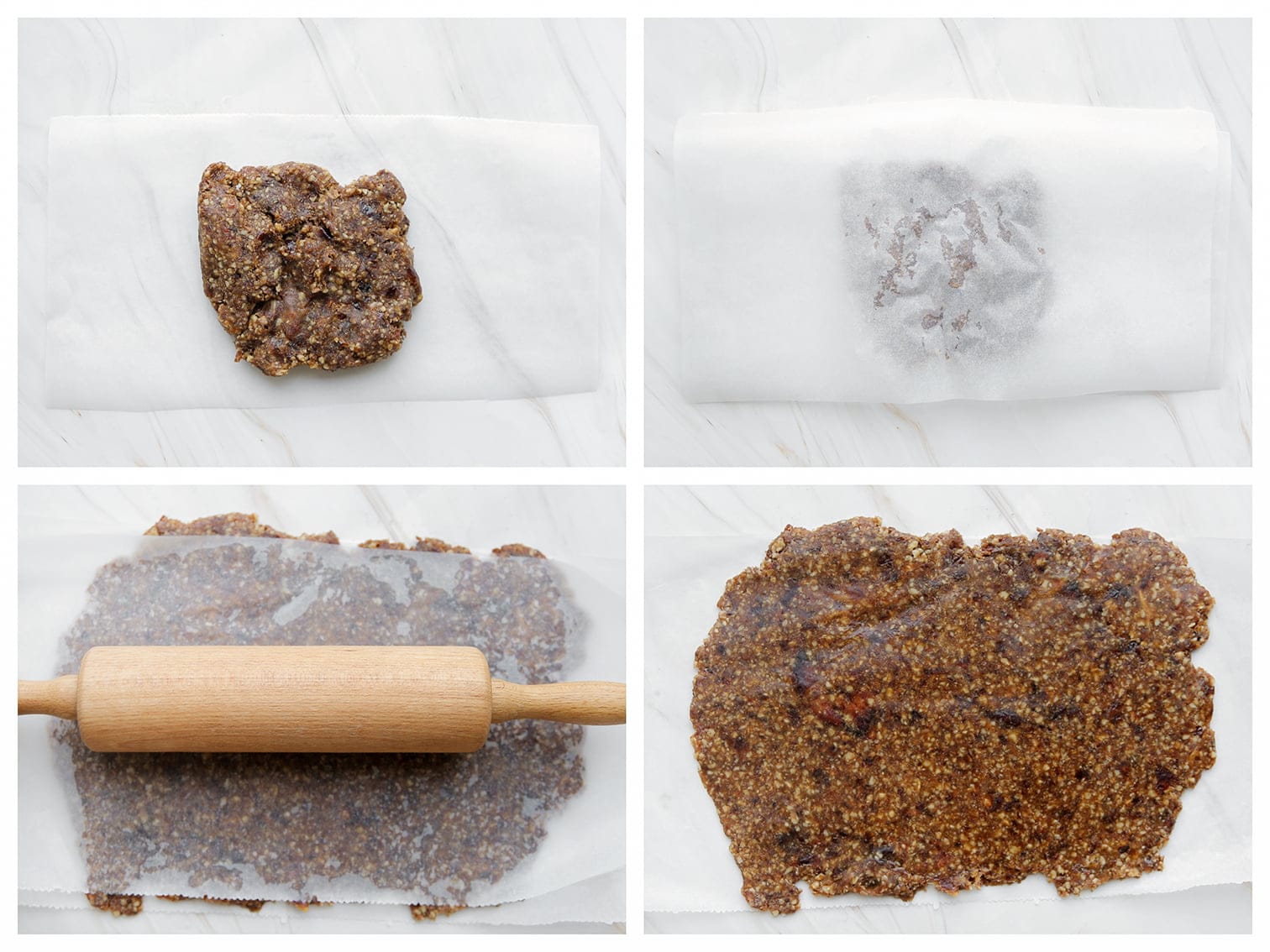 Dadelmengsel uitrollen met een deegroller tot een lap