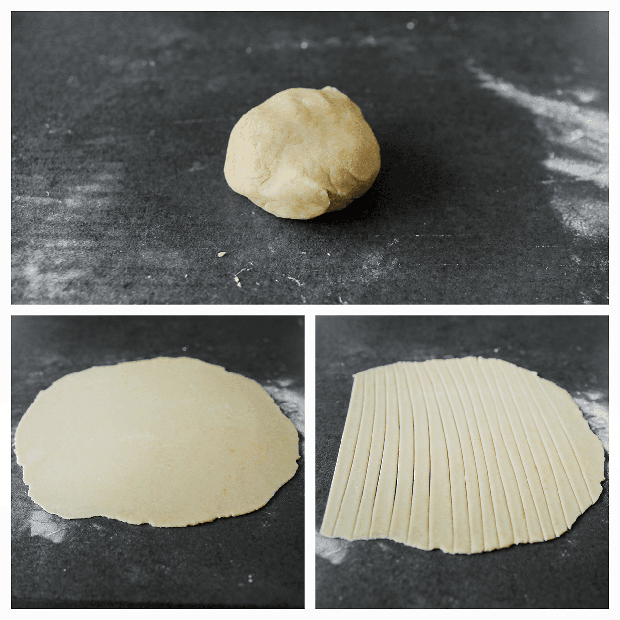 Deeg uitrollen en stroken uit snijden