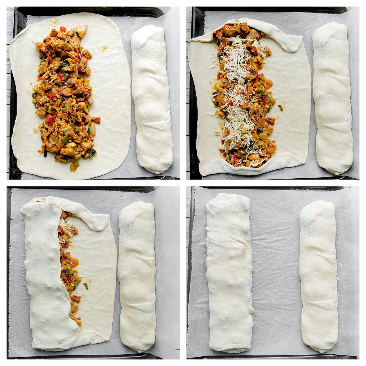 Deeg vullen met het kipmengsel en dichtvouwen